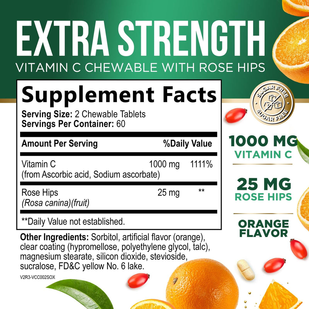 Vitamin C chewable with rose hips highlighting enhanced absorption potential