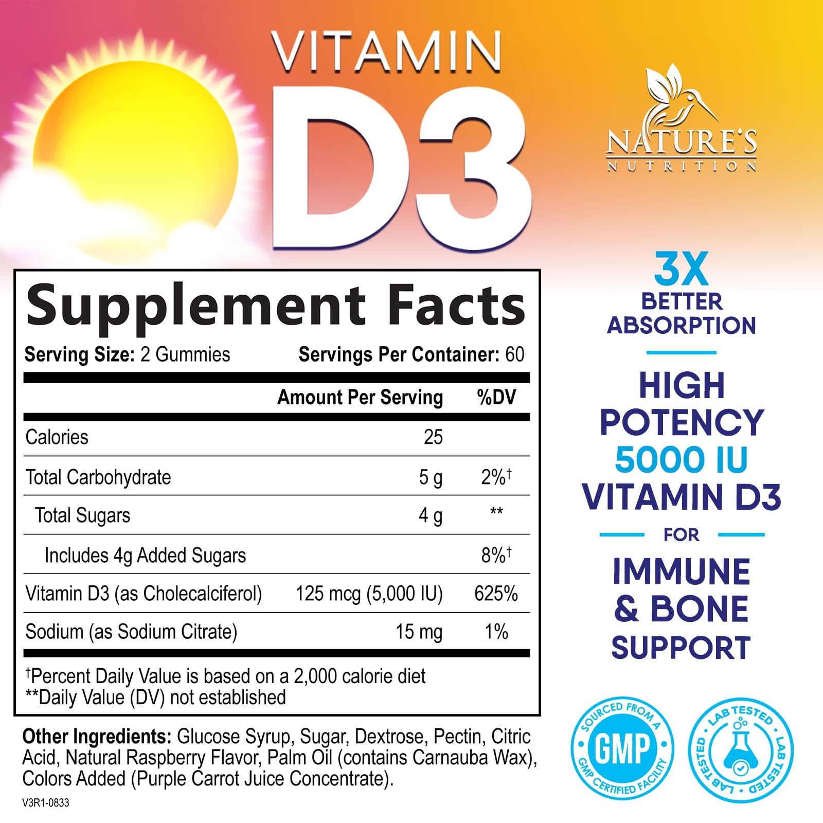 Close-up of Nature's Nutrition Vitamin D3 gummies showing bright berry color.