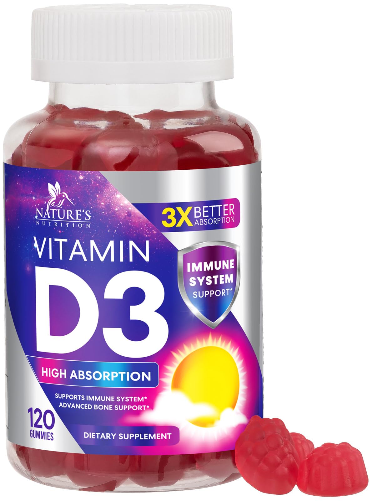 Nature's Nutrition Vitamin D3 Gummies bottle with berry flavor for daily immune support.