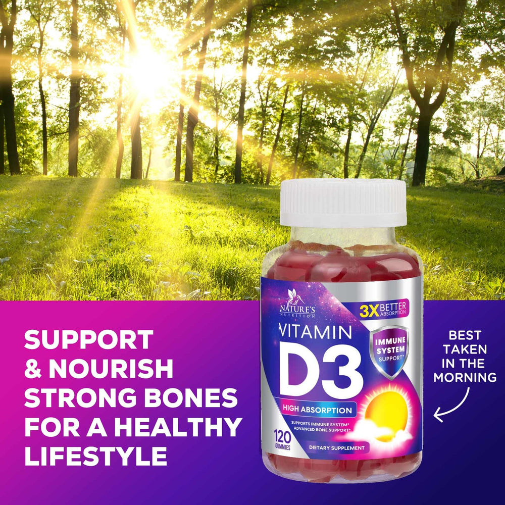 Family-friendly Nature's Nutrition D3 gummies suitable for adults and kids.