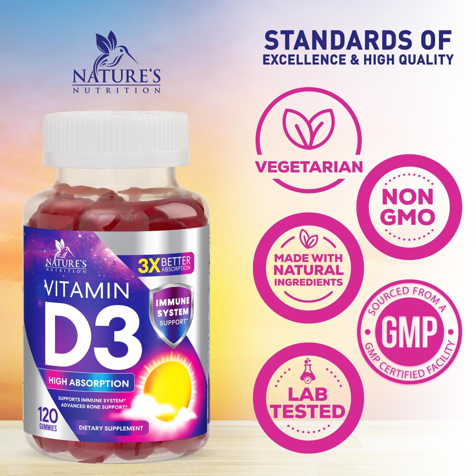 Front packaging of Nature's Nutrition Vitamin D3 Gummies highlights gluten-free and Non-GMO.