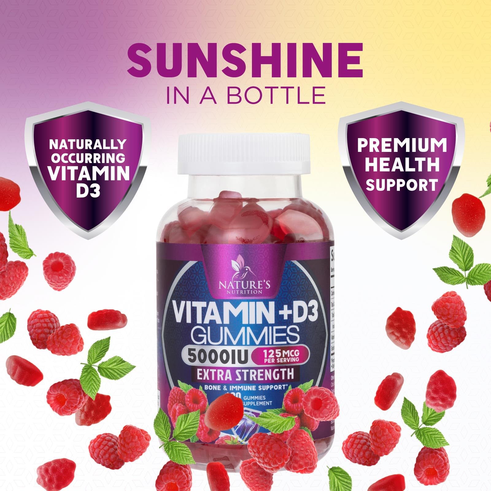 Nature's Nutrition brand logo beside a D3 gummy bottle for trust.