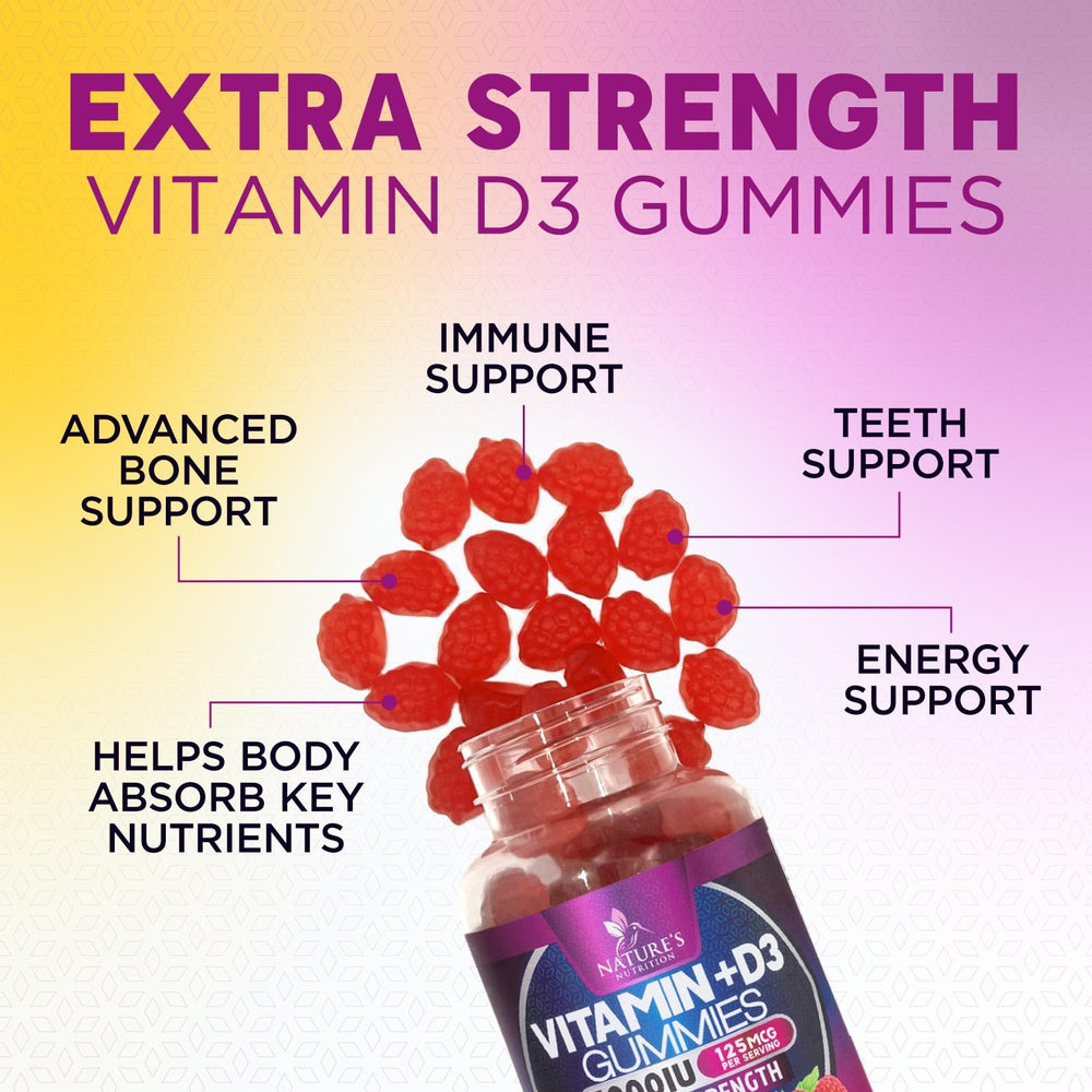 Nature's Nutrition D3 gummy ingredients panel shows non-GMO and gluten-free.
