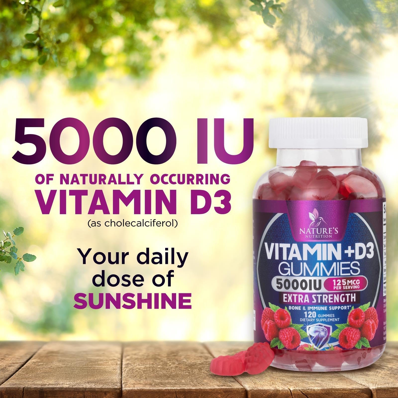Glass jar with spoons of vitamin D3 gummies for daily routine.