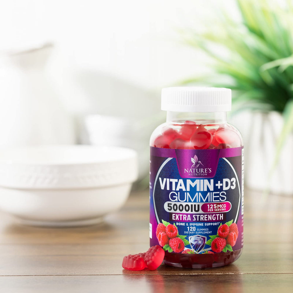 Lifestyle counter-top shot suggests daily D3 gummy use.