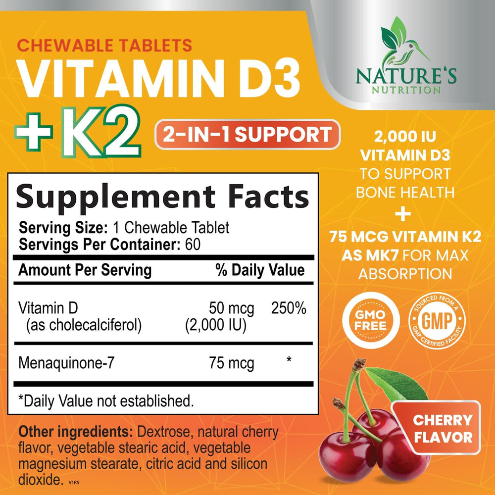 Nature's Nutrition Vitamin D3 K2 bottle label highlights non-GMO chewables for daily use.