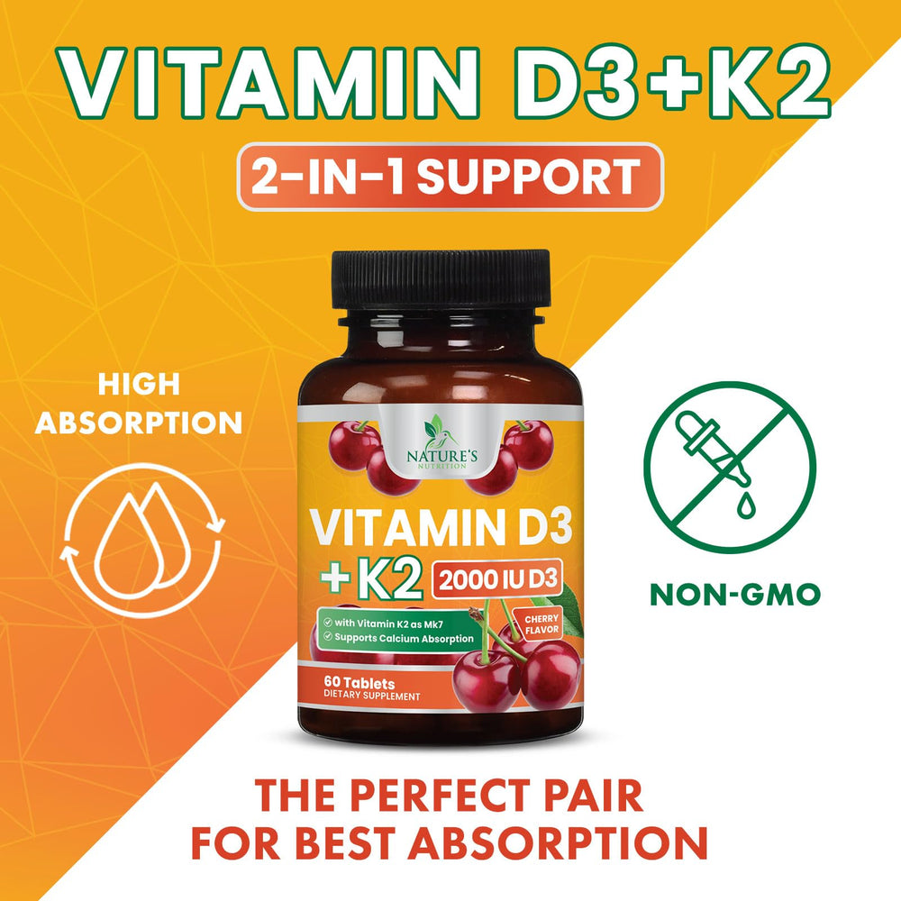 Nature's Nutrition Vitamin D3 K2 chewables ready for daily calcium absorption.