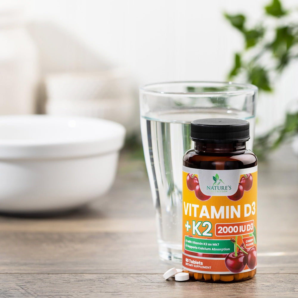 Dosage card for Nature's Nutrition Vitamin D3 K2 demonstrates daily intake guidance.