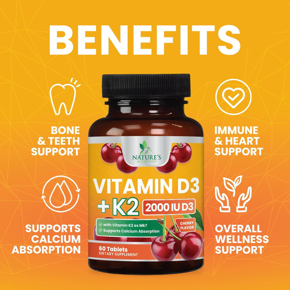 Packaging infographic for Nature's Nutrition Vitamin D3 K2 explains calcium and bone benefits.