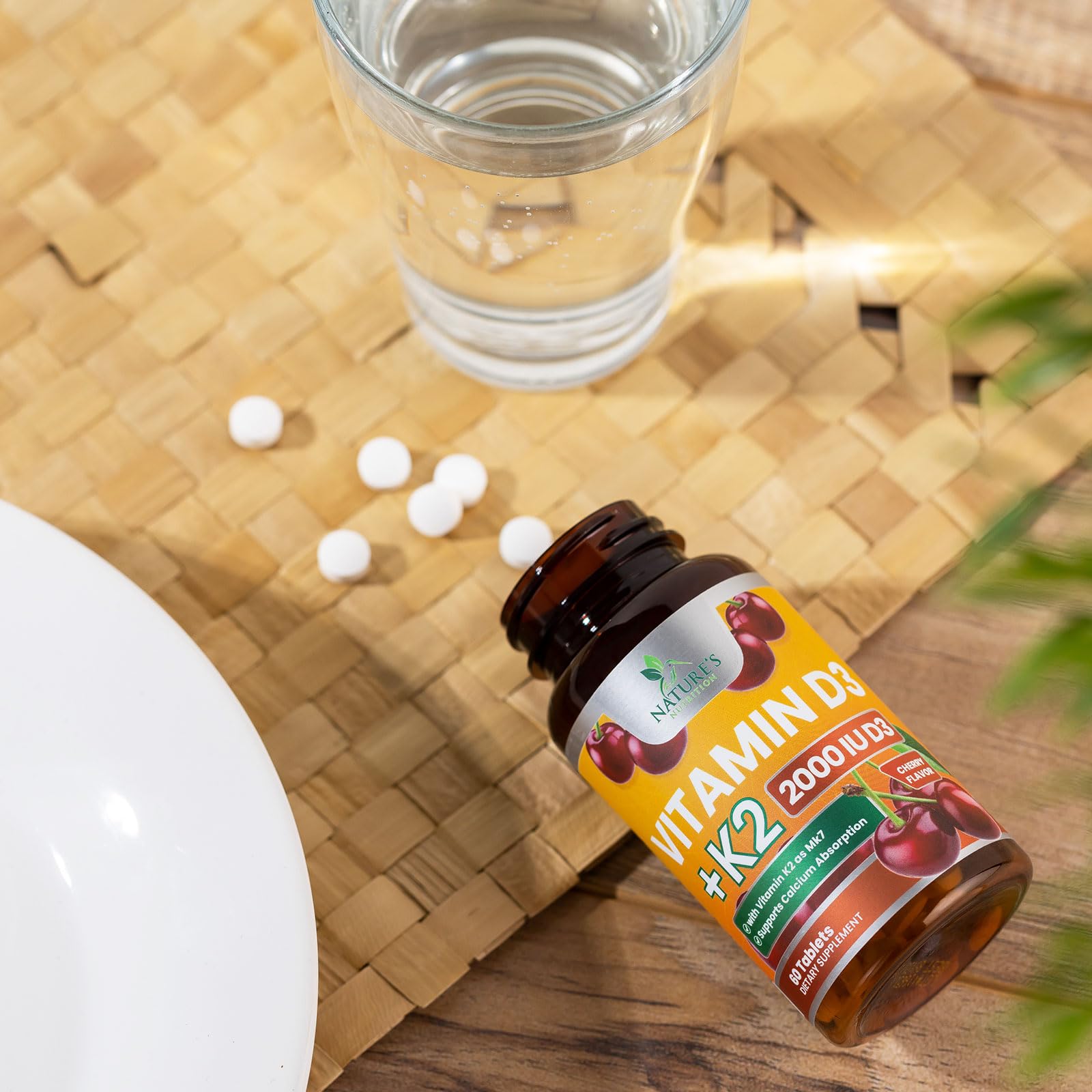 Routine-use image showing Nature's Nutrition Vitamin D3 K2 MK-7 for bone health.