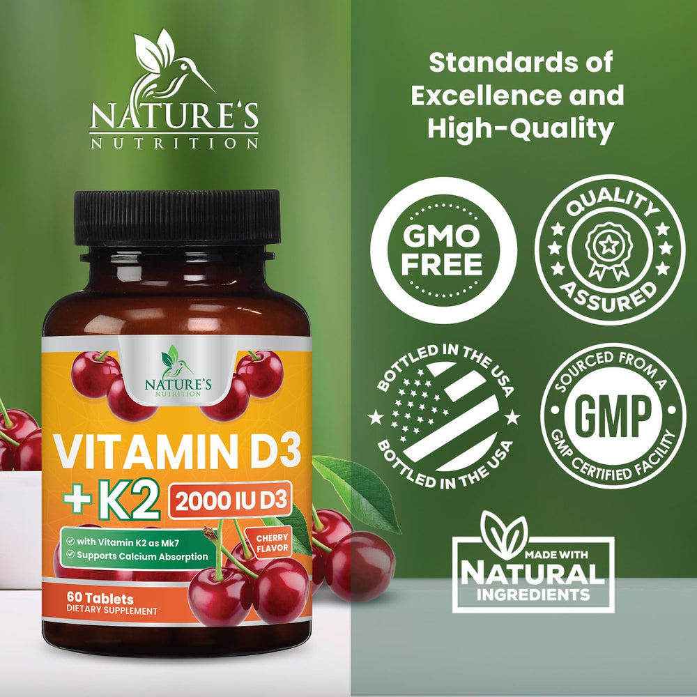 Close-up of Nature's Nutrition Vitamin D3 K2 chewable tablet texture.