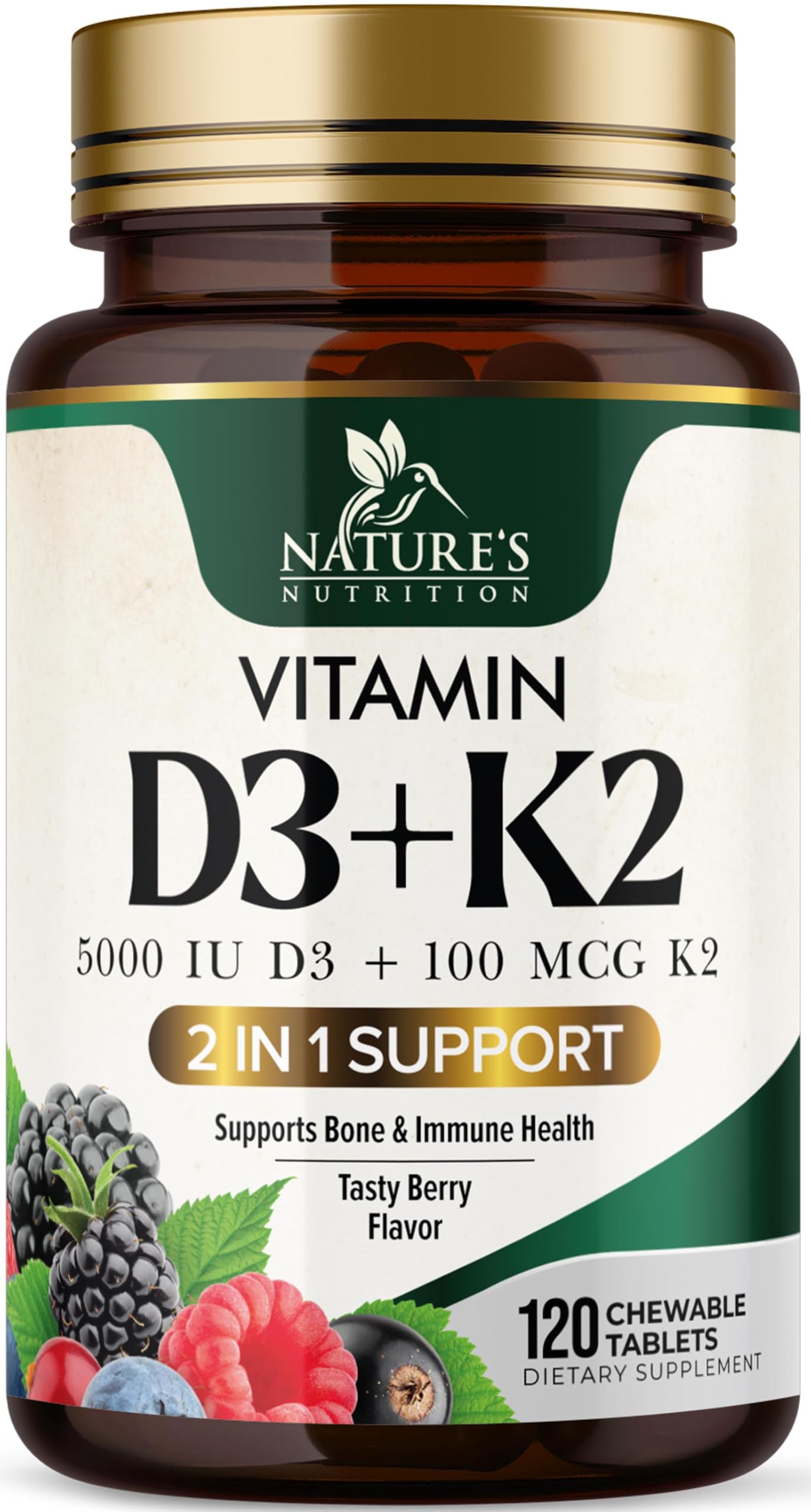 Nature's Nutrition Vitamin D3 K2 chewable berry tablet for daily immune and bone support.