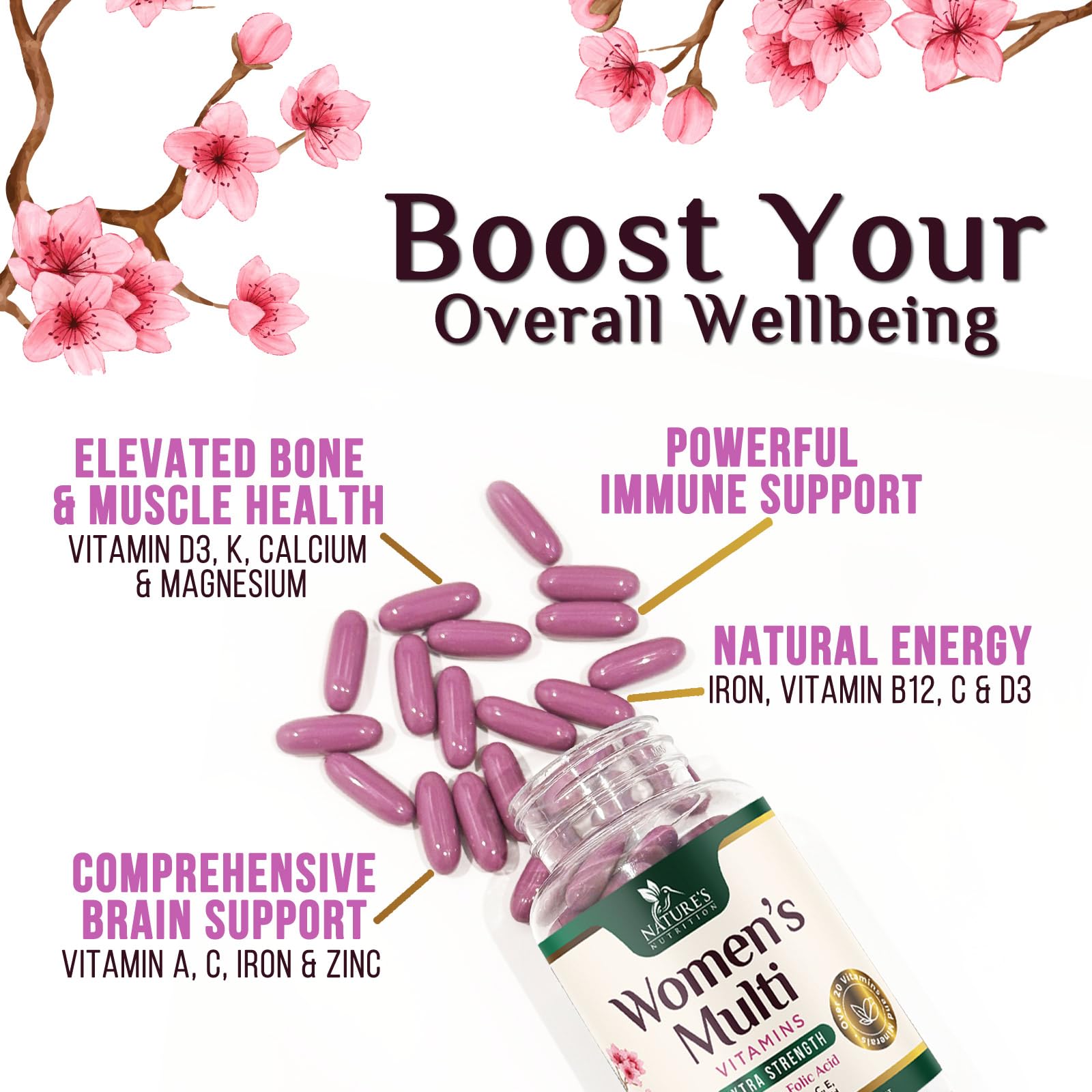 Nature's Nutrition multivitamin bottle with capsules ready for everyday use supporting daily vitality.