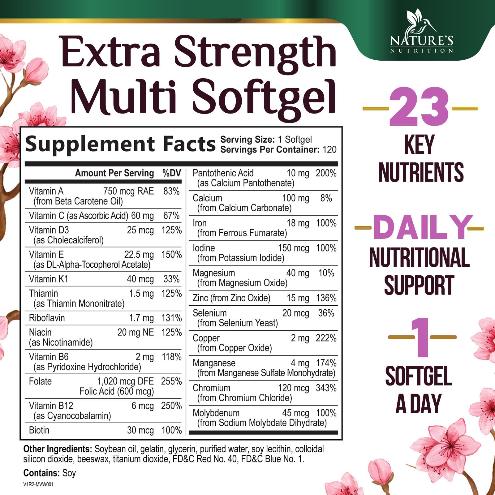 Close-up of softgel capsules from Nature's Nutrition women's multivitamin for easy swallowing.