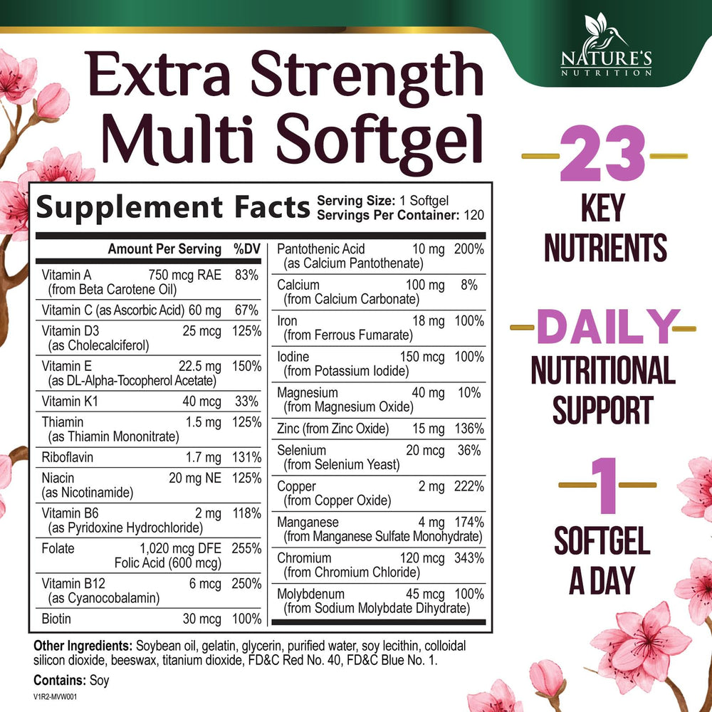 Close-up of softgel capsules from Nature's Nutrition women's multivitamin for easy swallowing.