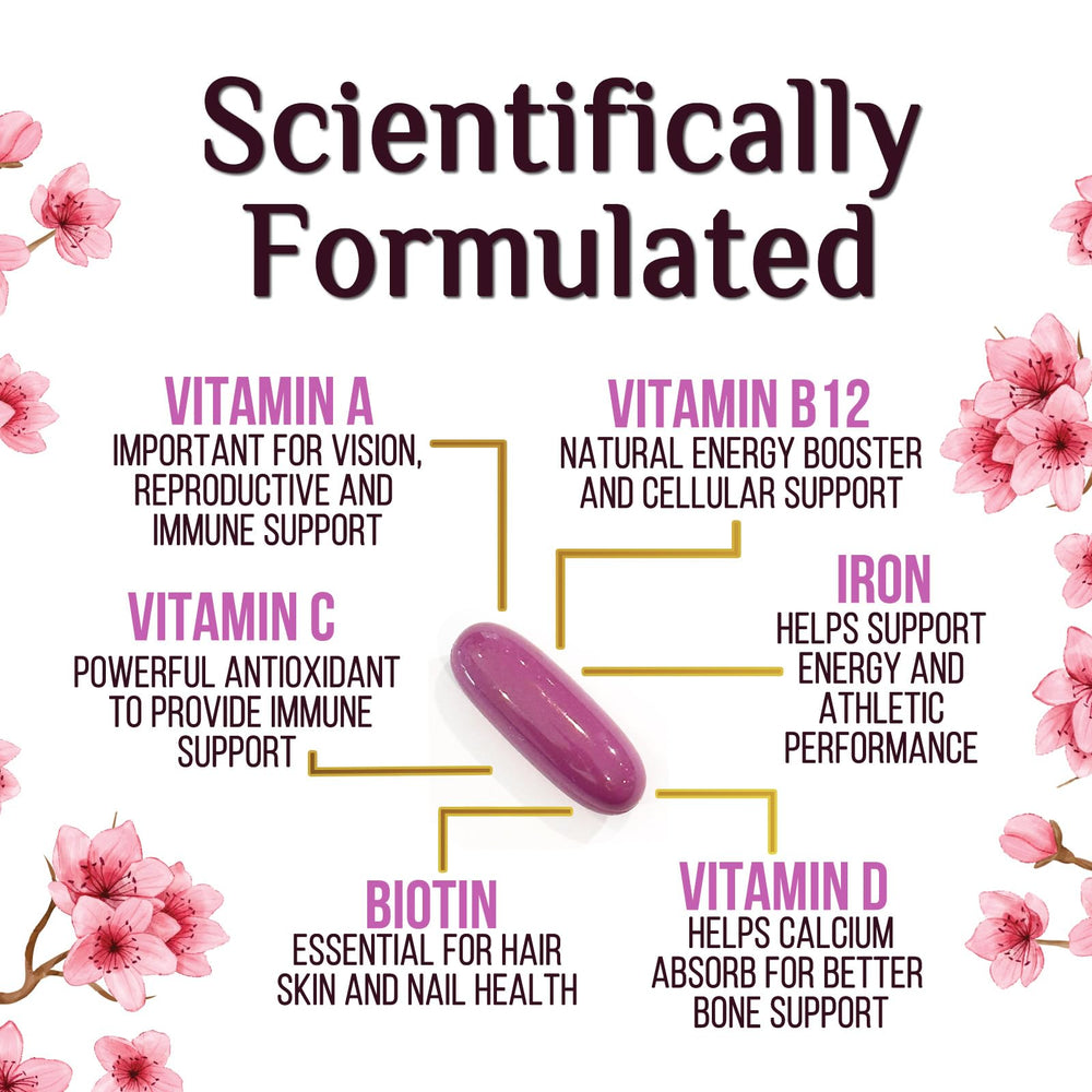 Label details showing calcium, iron, and vitamins in Nature's Nutrition women's multivitamin for daily nutrition.