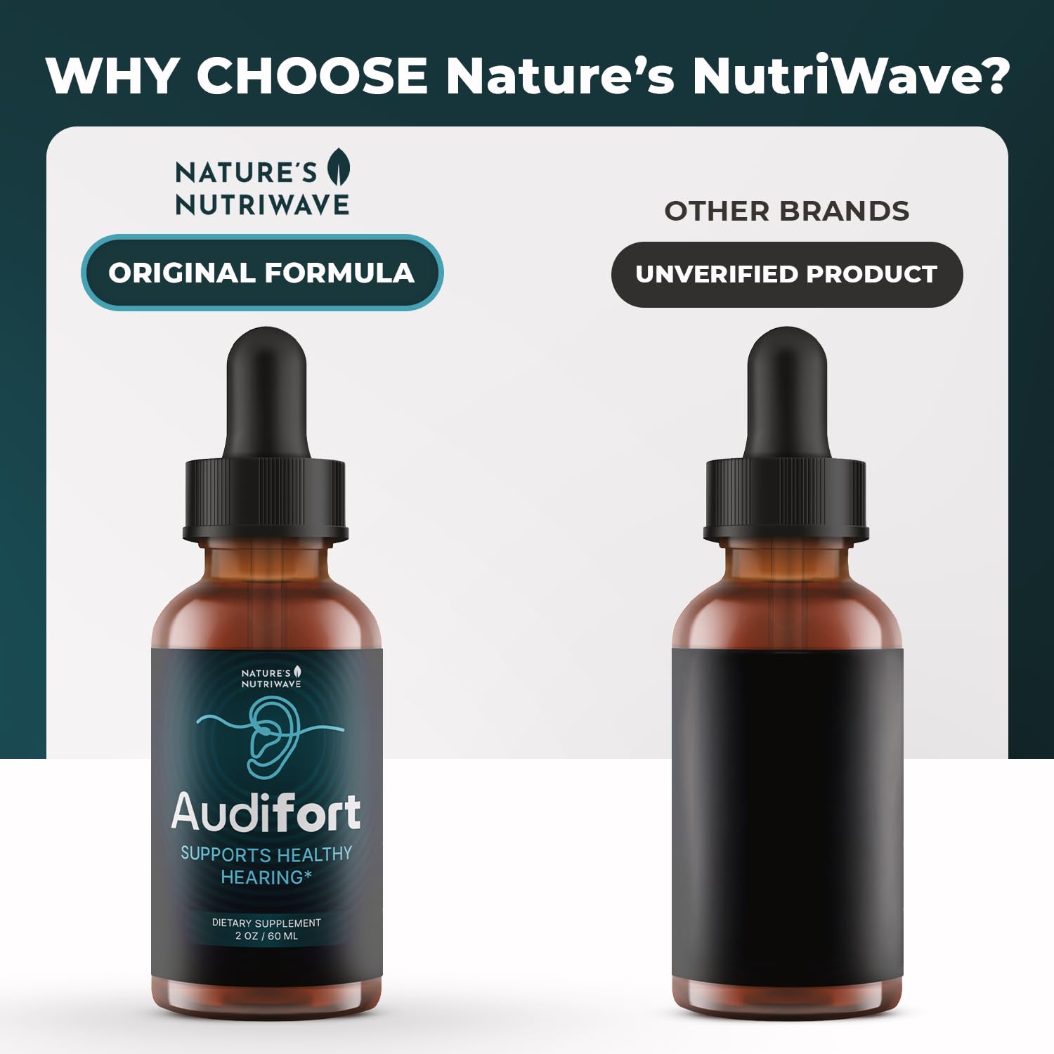 Nature’s NutriWave Audifort Drops ingredient panel highlighting plant-based components for daily wellness
