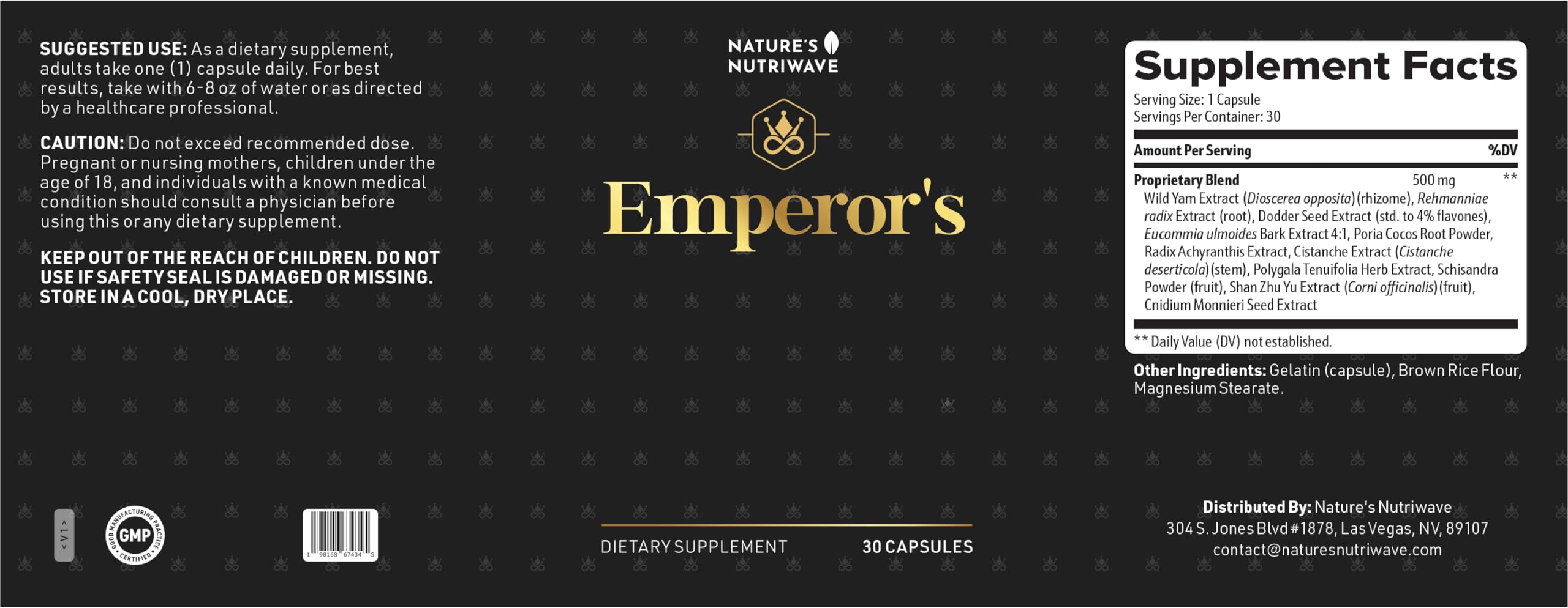 Made in USA GMP facility accompanies Emperor’s Vigor packaging.