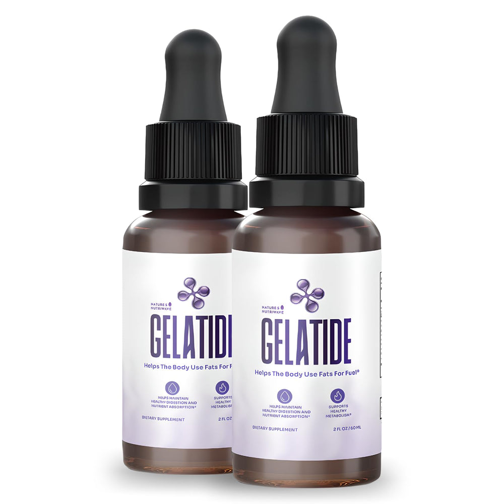 Nature’s NutriWave Gelatide liquid bottle for stimulant-free daily supplementation.