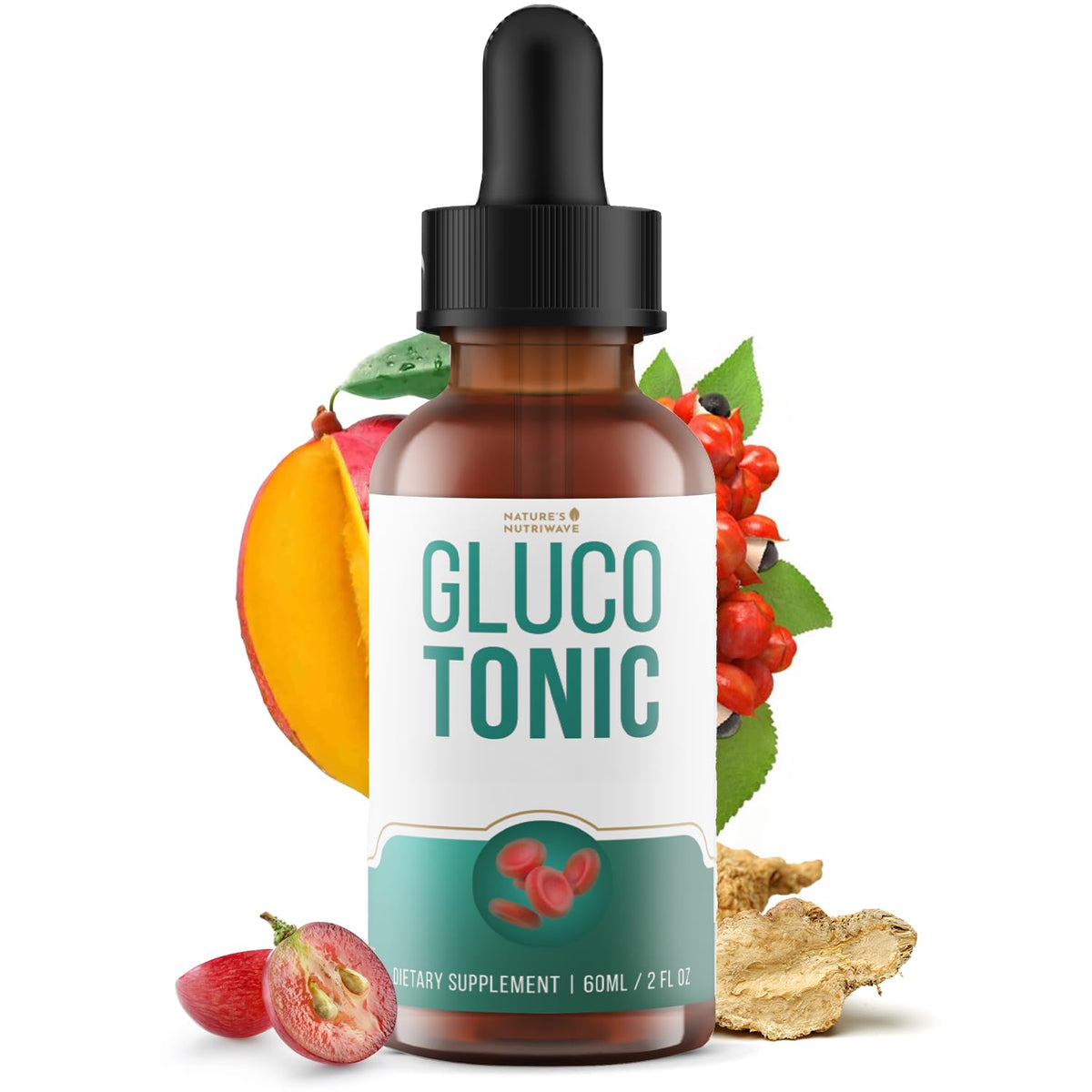Nature’s NutriWave GlucoTonic bottle pour ready for daily dosing and energy support