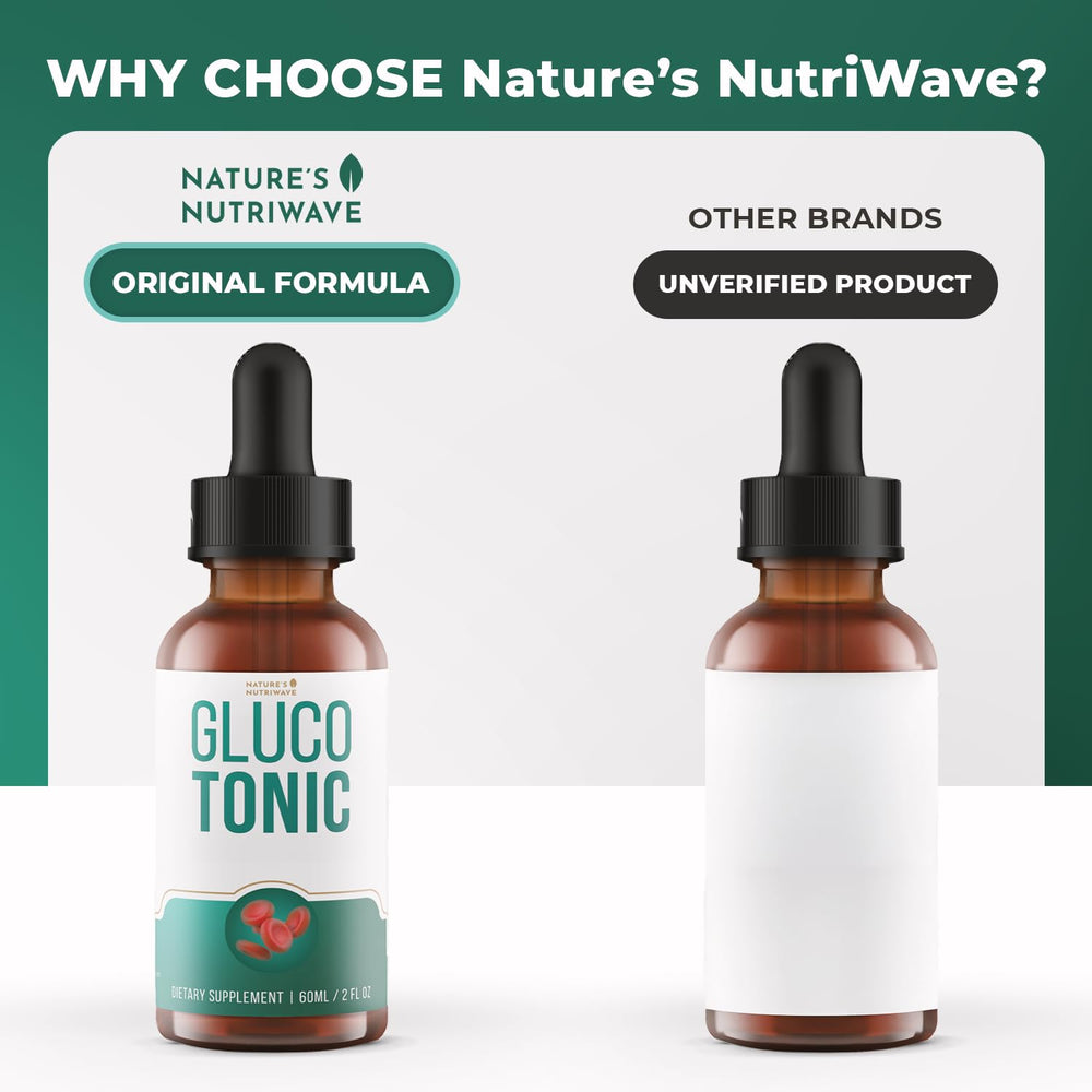 Nature’s NutriWave GlucoTonic liquid swirl highlighting easy mixing and natural flavor