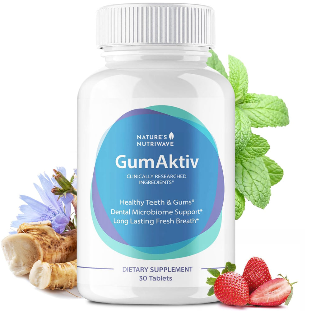 Nature's NutriWave GumAktiv bottle supports daily oral health with convenient chewables.