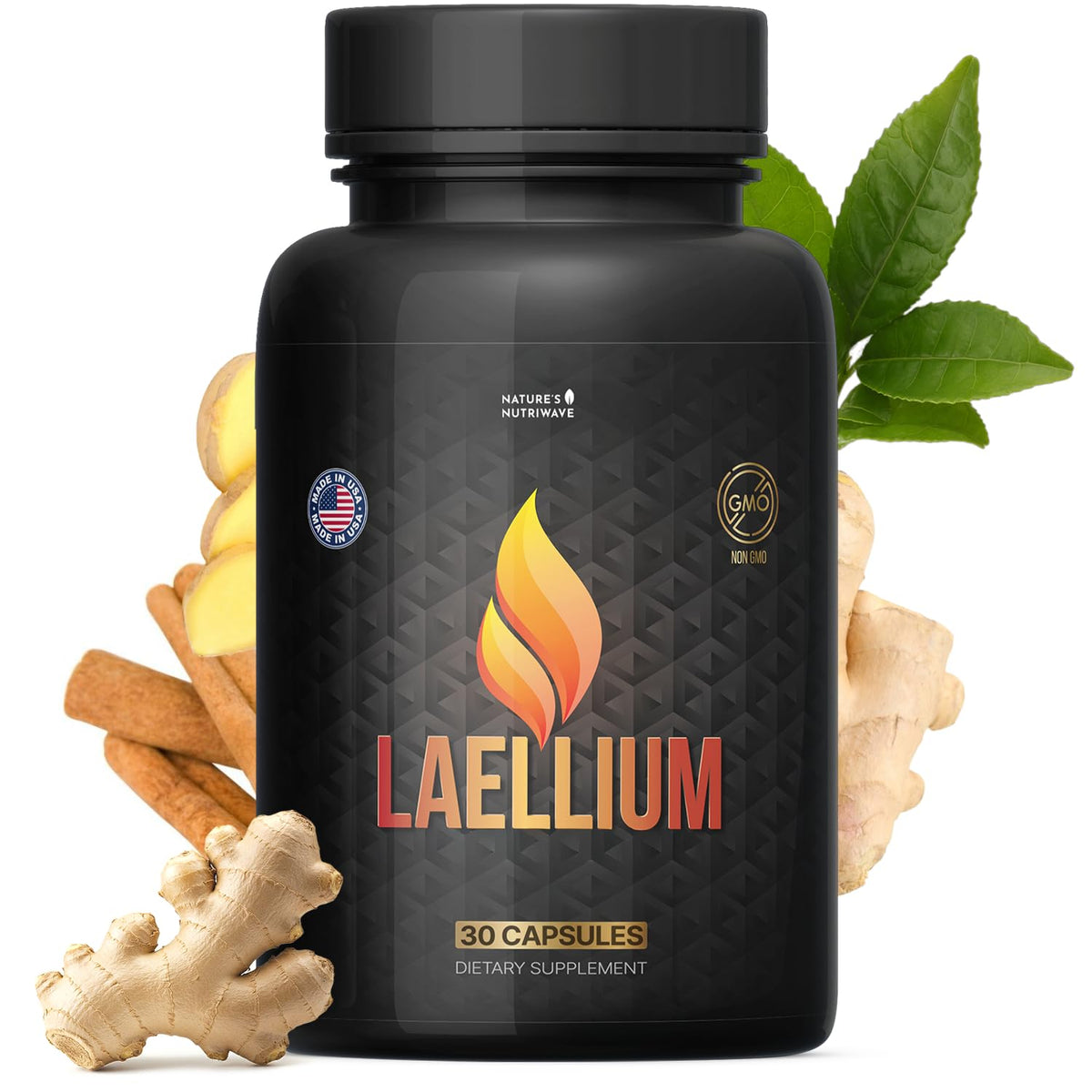 Nature's NutriWave Laellium bottle front shows green tea and apple cider vinegar blend for daily wellness.