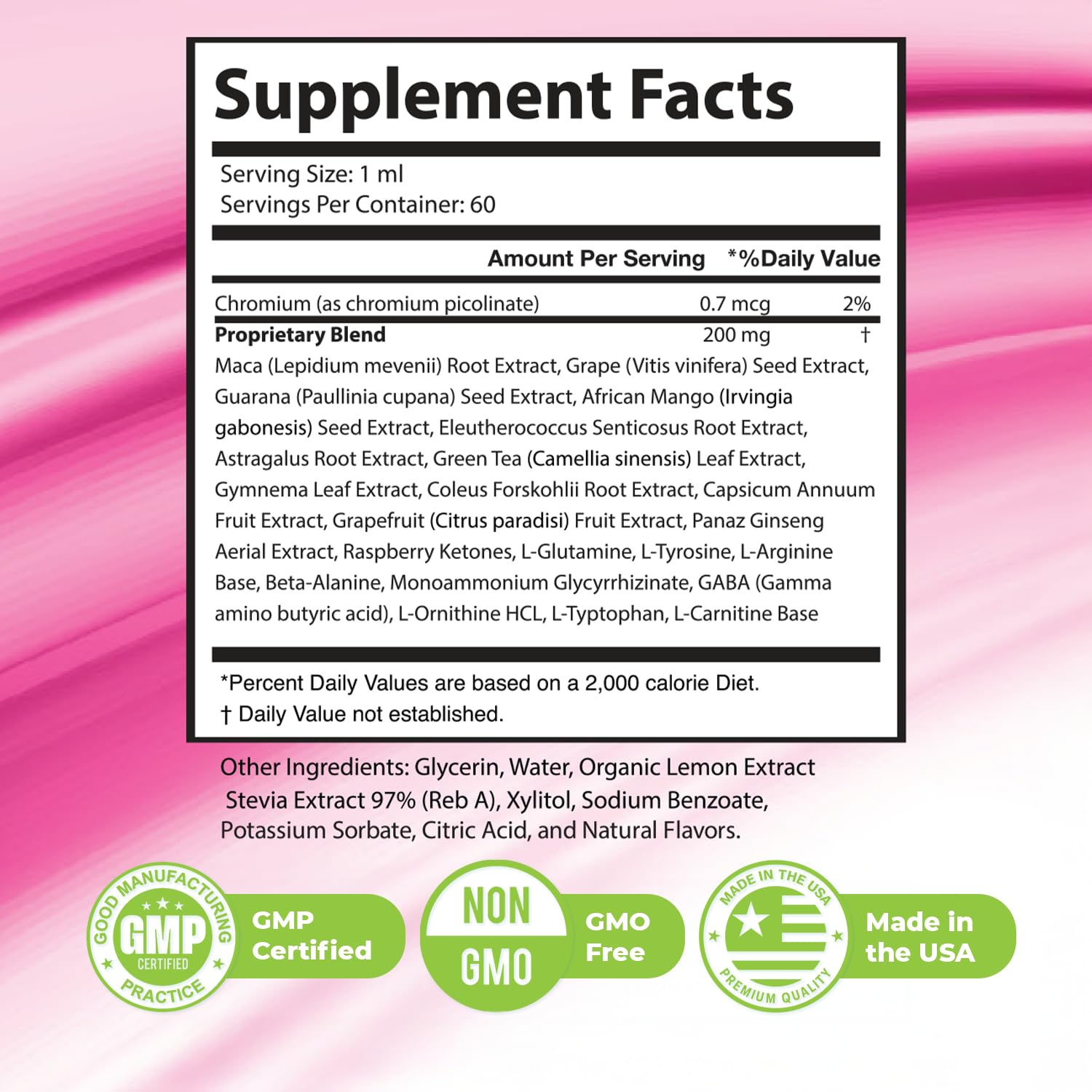Nature's NutriWave LipoRise Drops label emphasizing non-GMO and USA-made quality