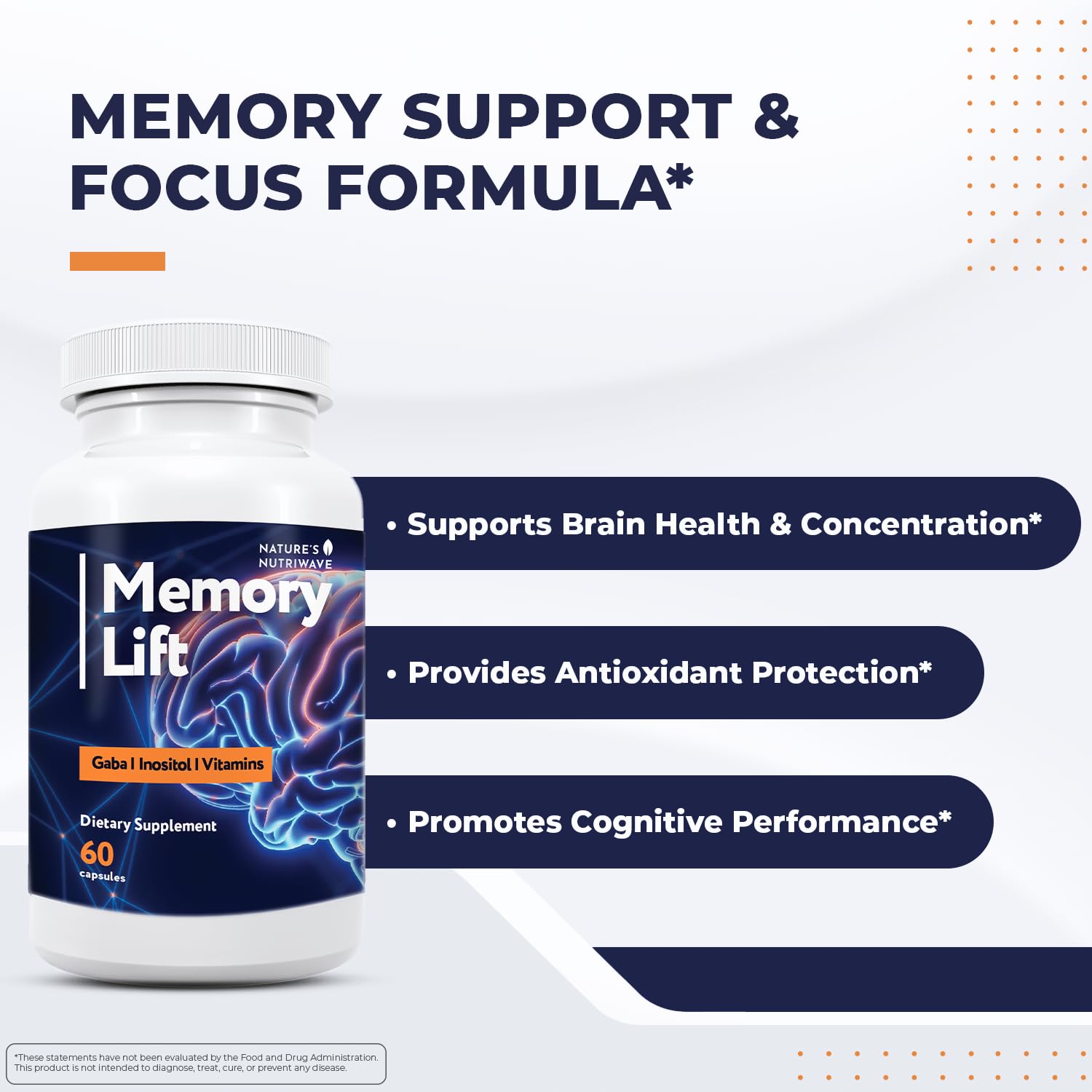 Memory Lift capsules close-up showing easy-to-swallow tablets for daily use