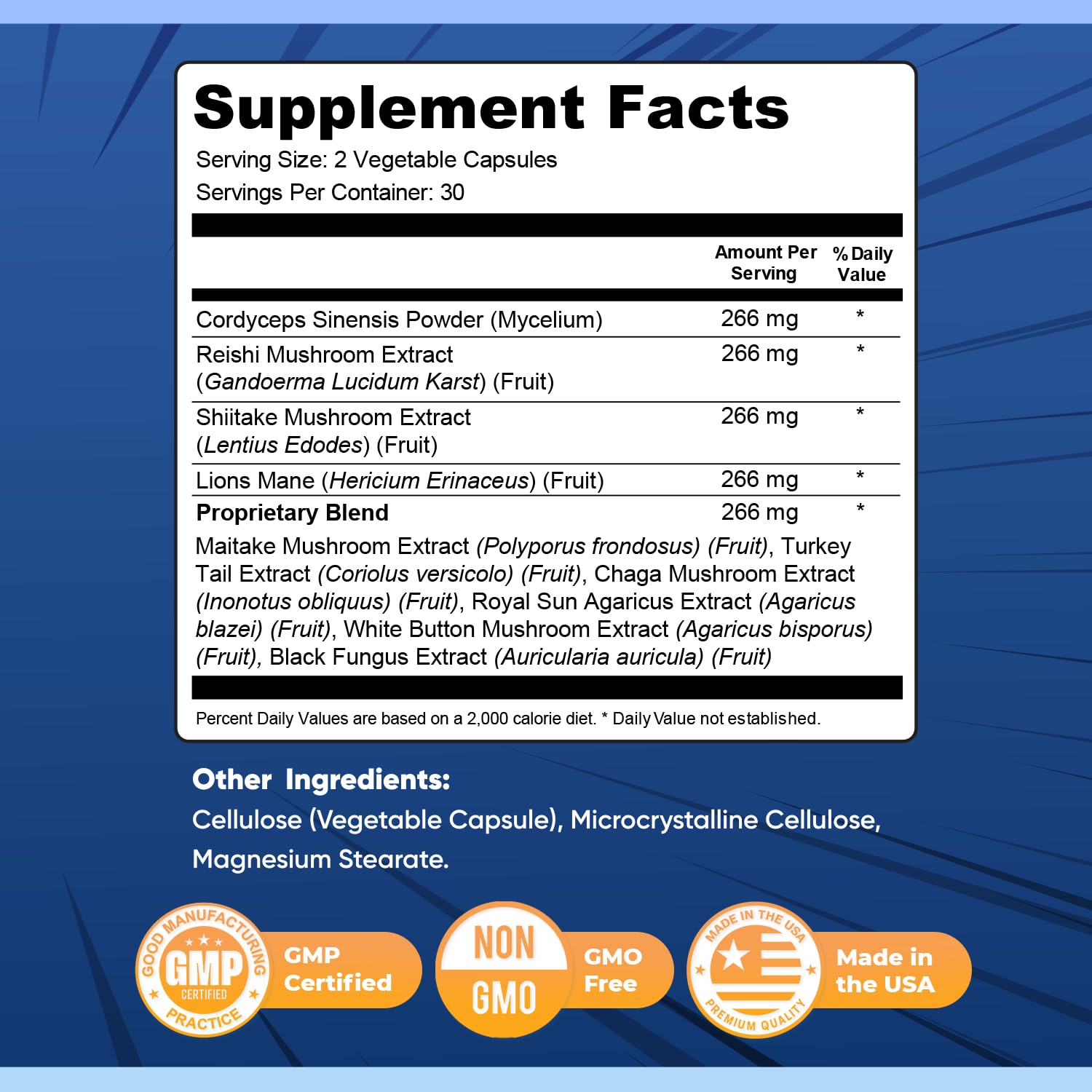 Nervolink mushroom blend label highlights clean, non-GMO, USA-made quality.