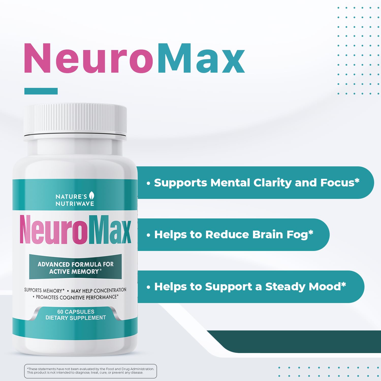 NeuroMax capsules close-up highlighting non-GMO, stimulant-free supplement.