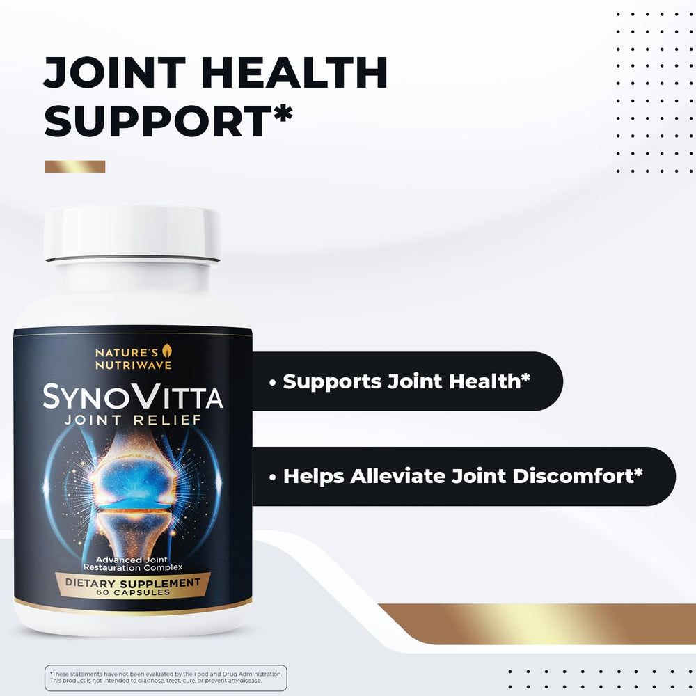 SynoVitta capsules close-up showing a convenient two-capsule daily serving.