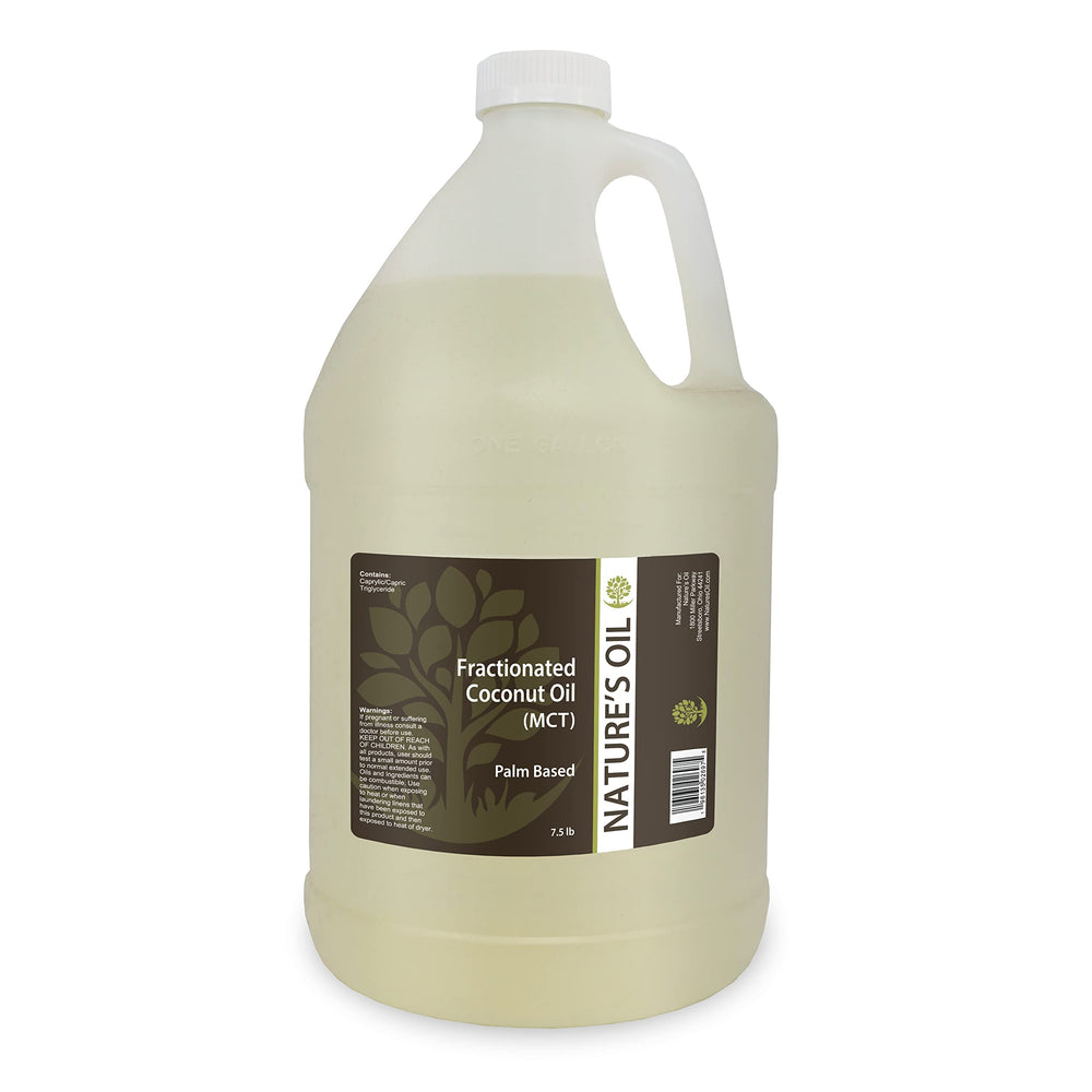 Nature's Oil fractionated coconut oil bottle for non-greasy massage and skin care.