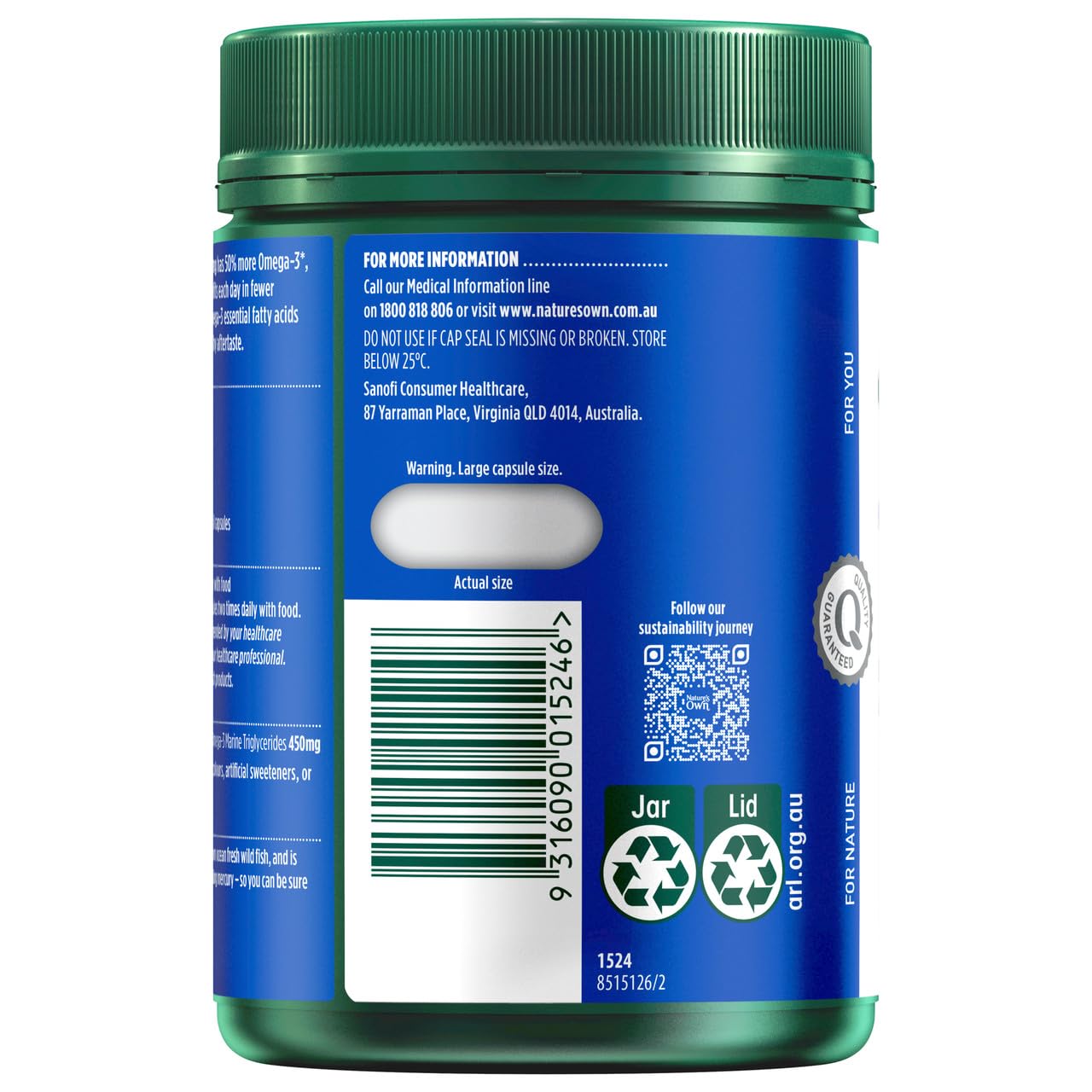 Nature's Own odourless fish oil label highlights high-quality sourcing and safety.