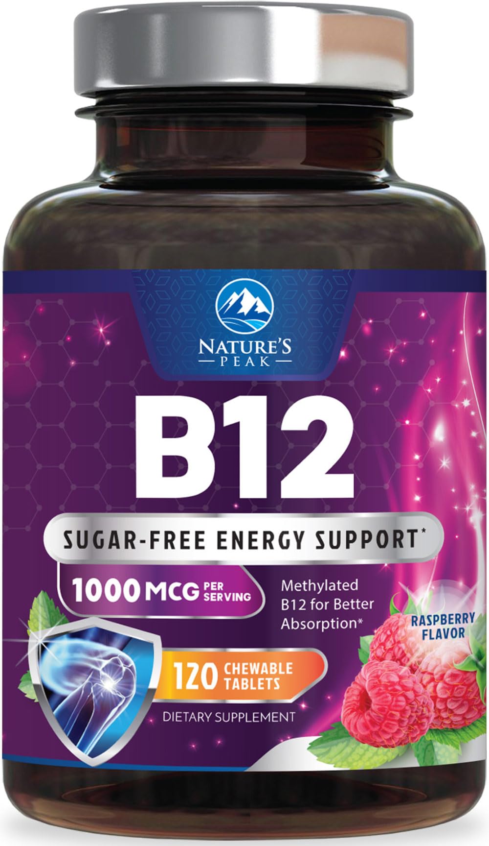 Nature's Peak B12 bottle with 120 raspberry chewables for daily energy