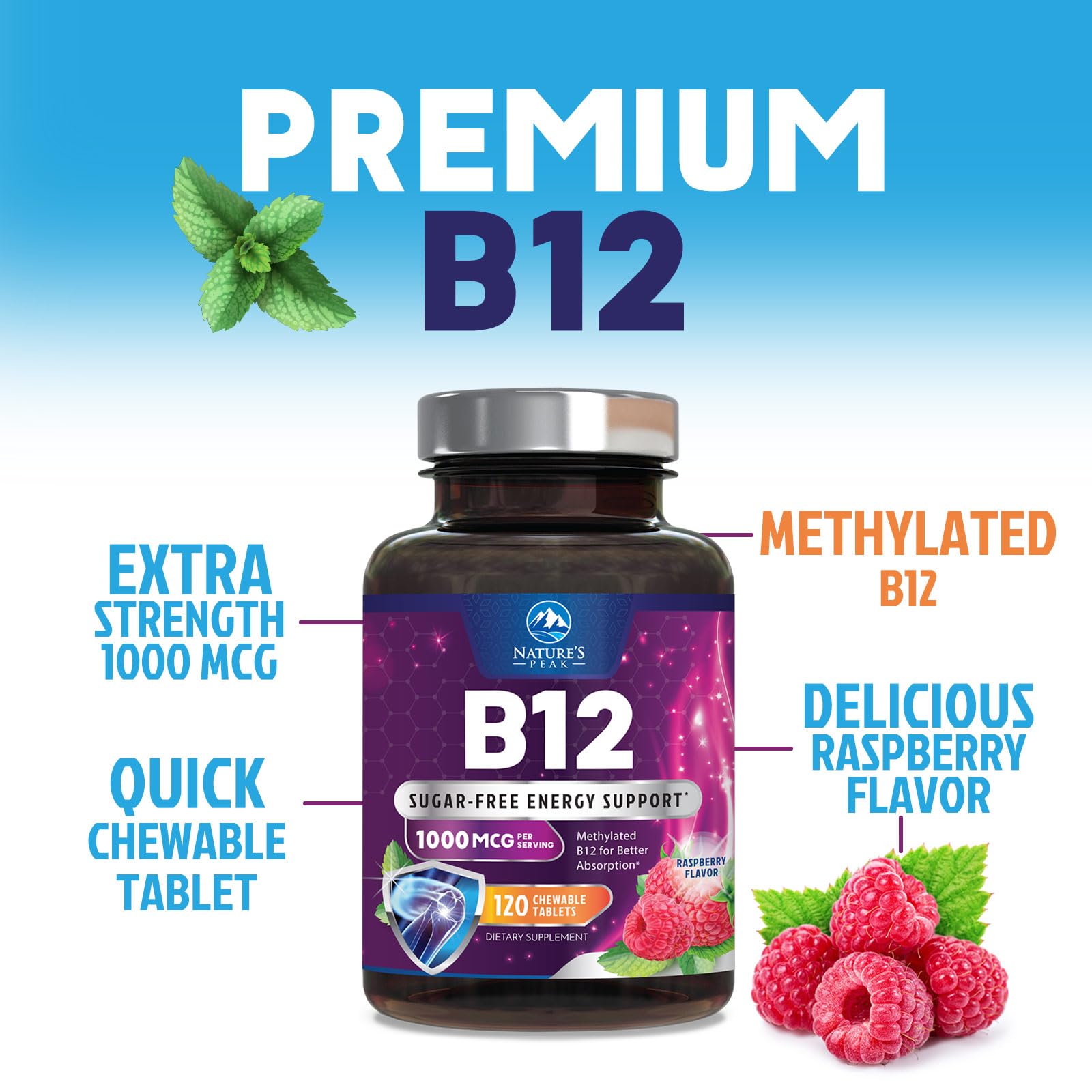 Nature's Peak B12 ingredients panel highlighting methylcobalamin