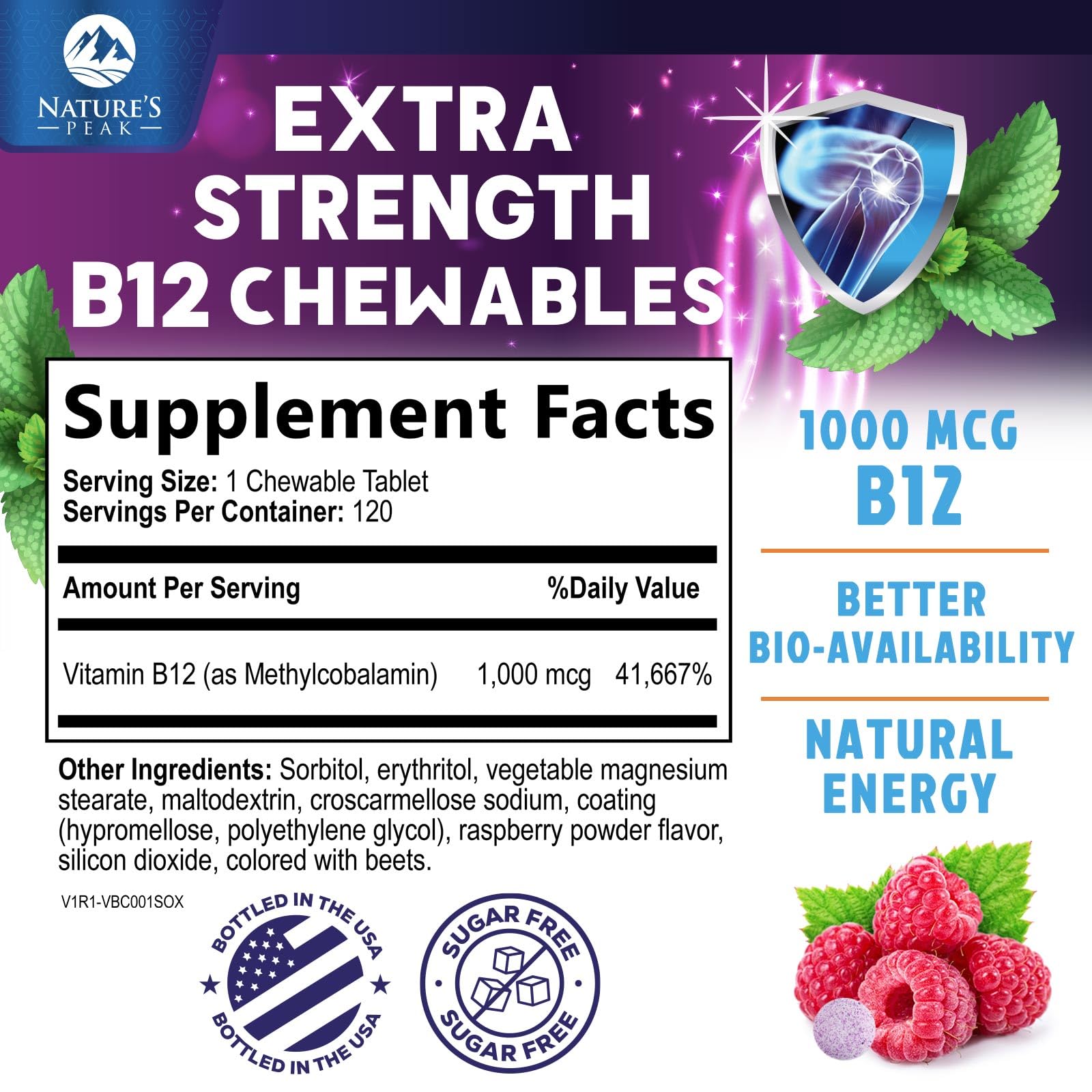 Nature's Peak B12 raspberry chewables close-up showing flavor