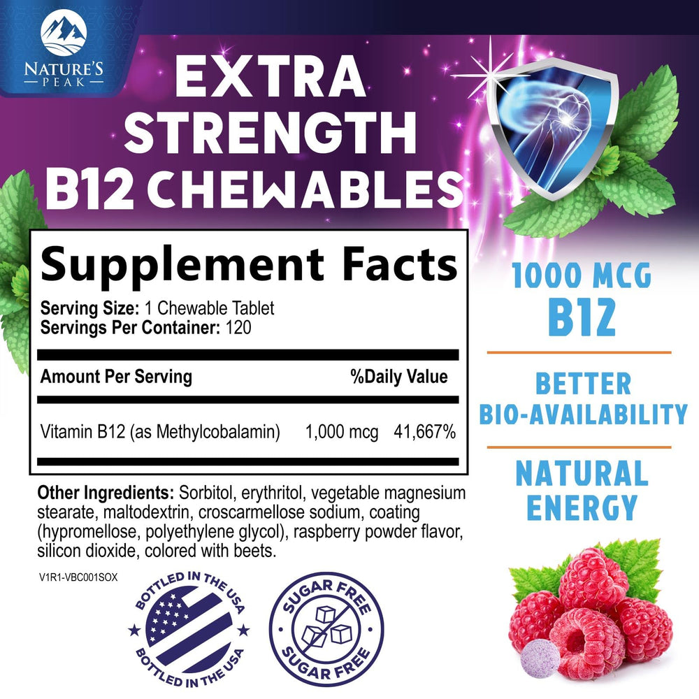 Nature's Peak B12 raspberry chewables close-up showing flavor