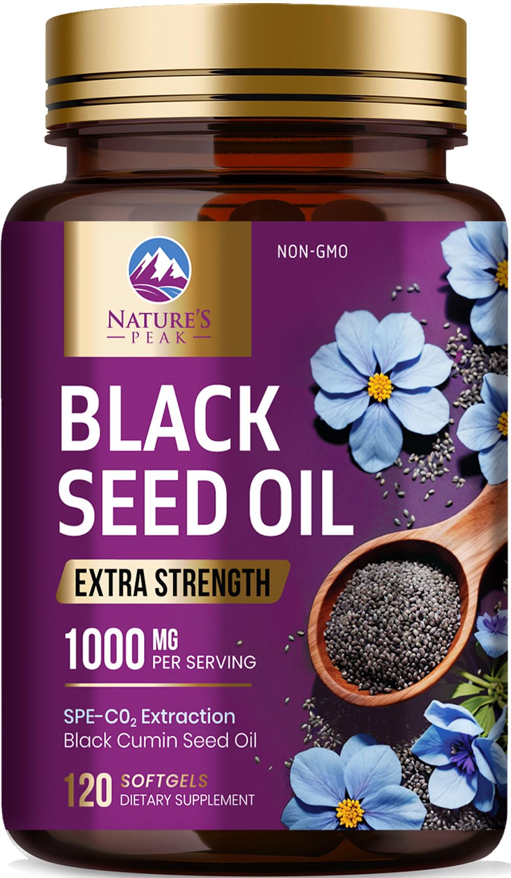 Nature's Peak Black Seed Oil 1000mg bottle on display for daily wellness.