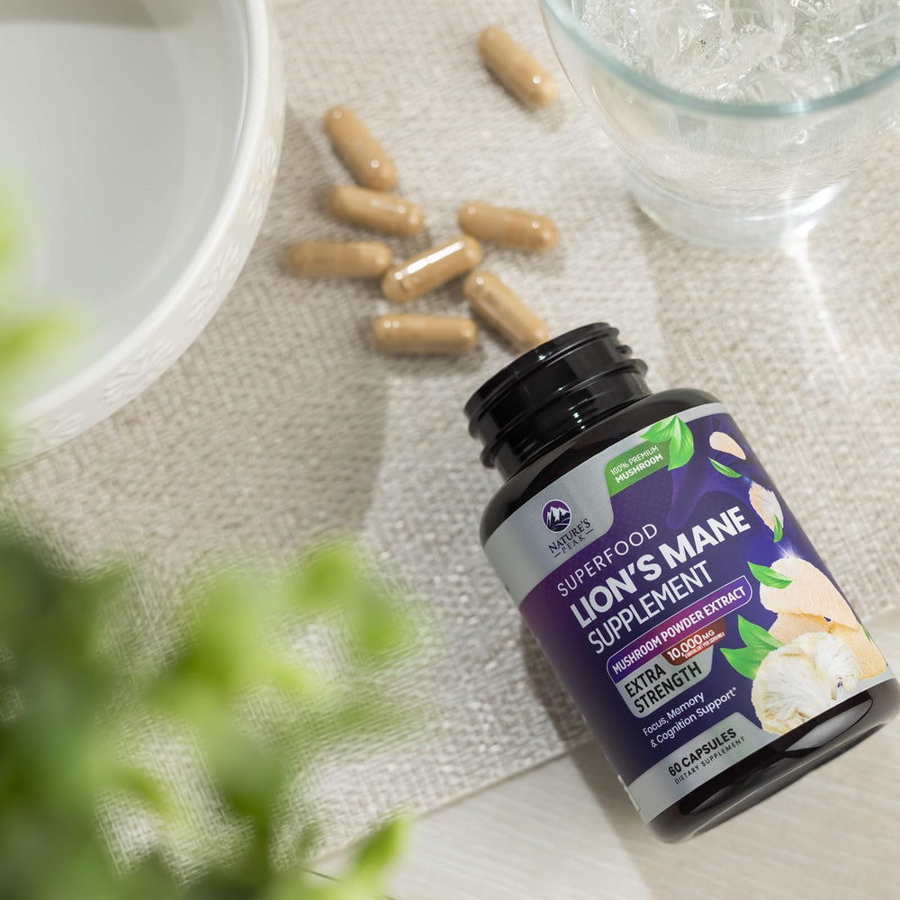 Nature's Peak Lions Mane capsules storage scene implies shelf stable everyday use