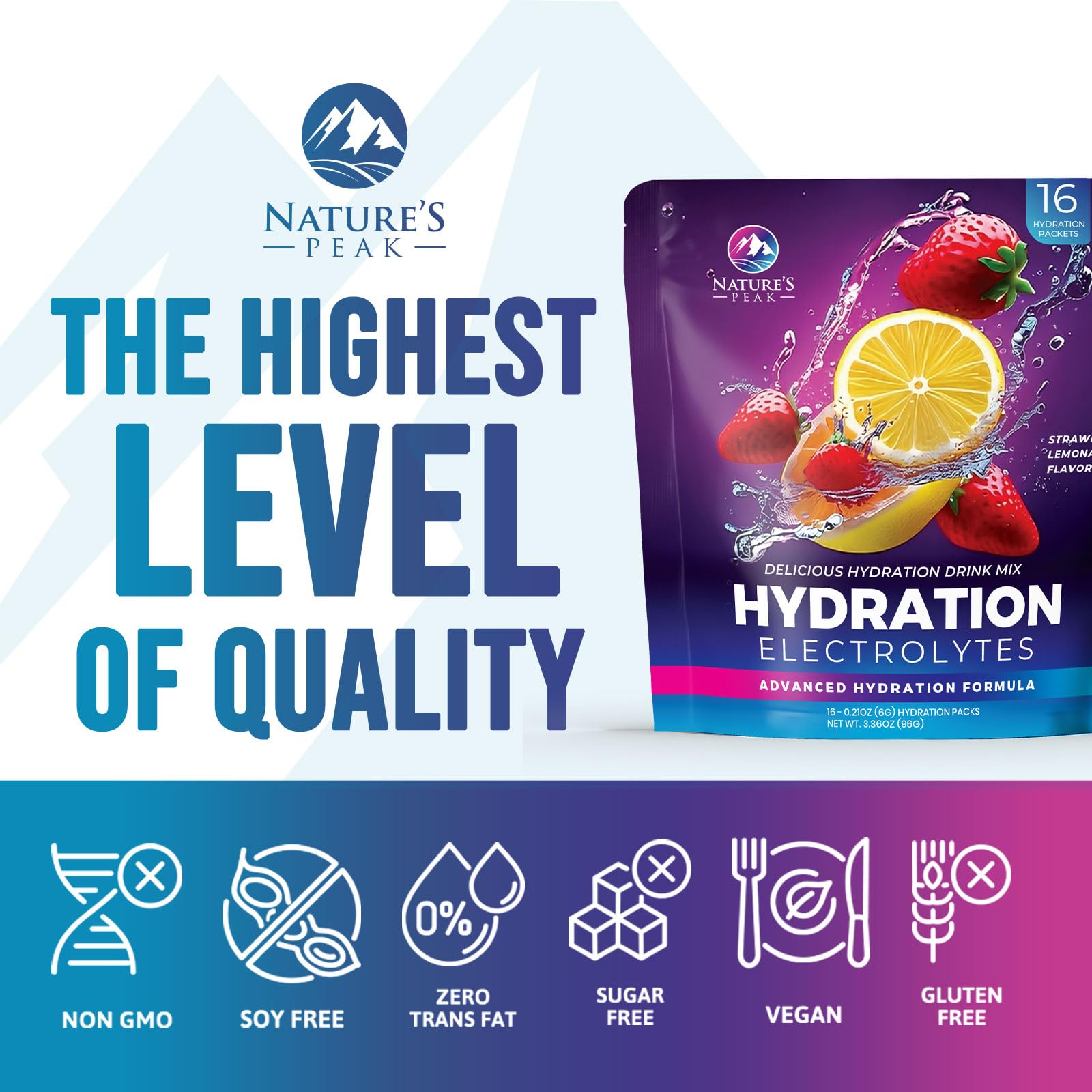 Nature's Peak nutrition label highlights minerals for balanced electrolyte support.