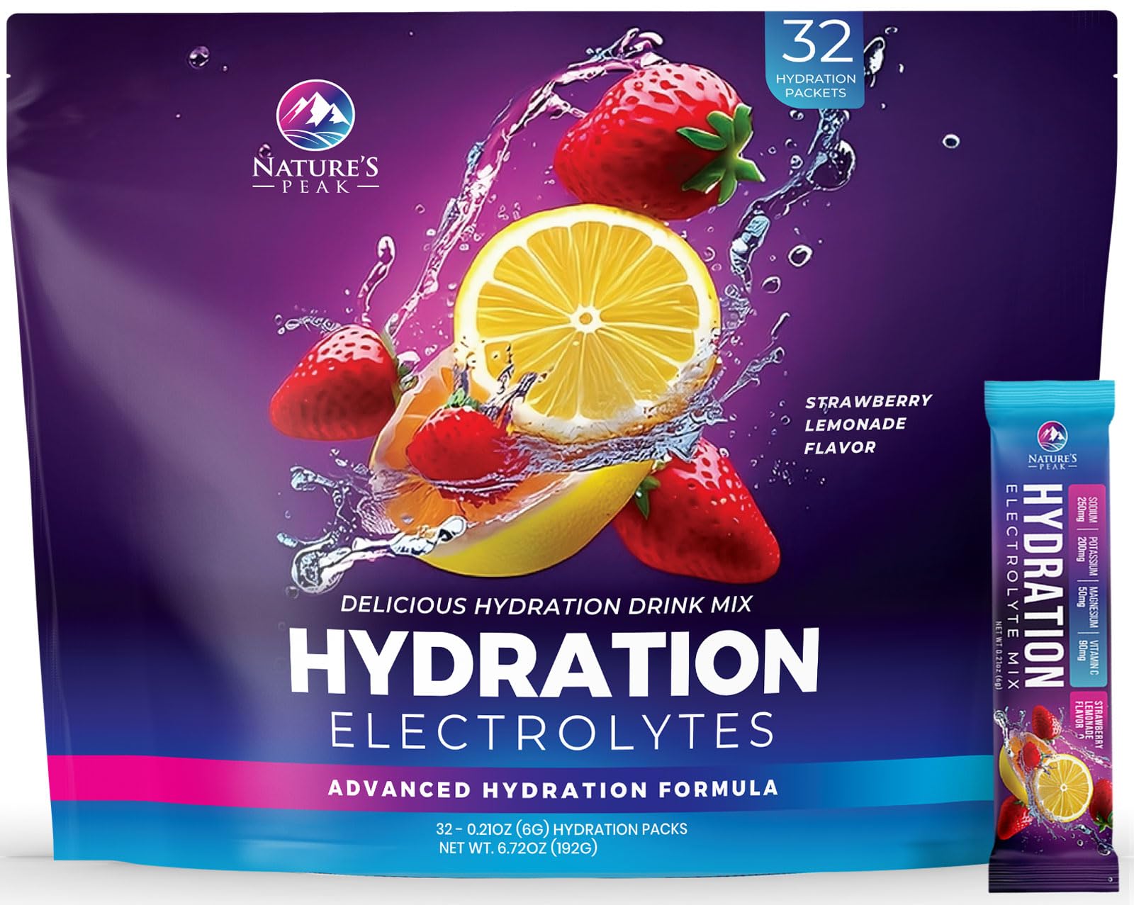 Nature's Peak electrolyte packets strawberry lemon box front for convenient hydration on the go
