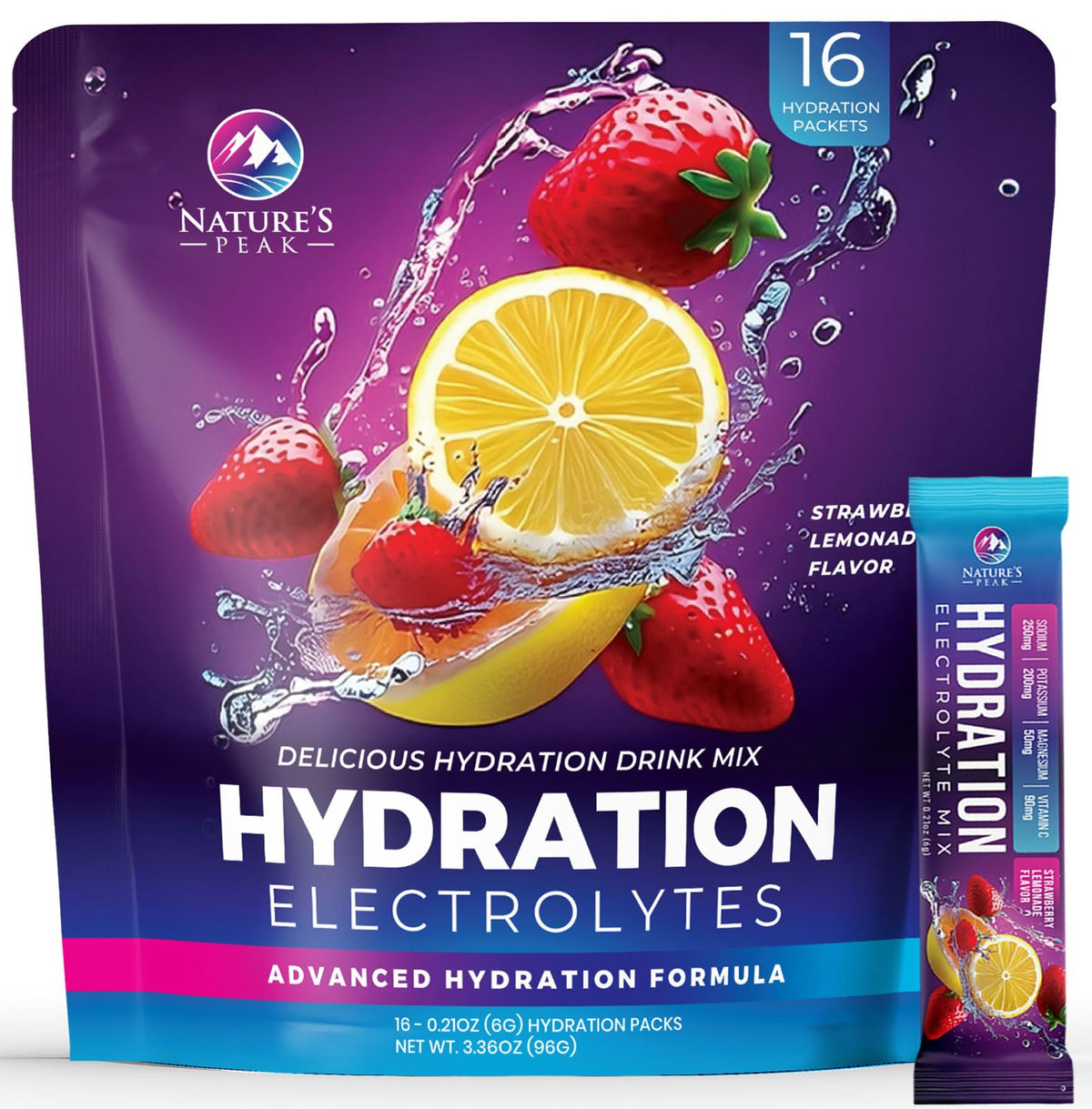 Nature's Peak electrolyte packets packaging with strawberry lemon flavor for easy daily hydration.