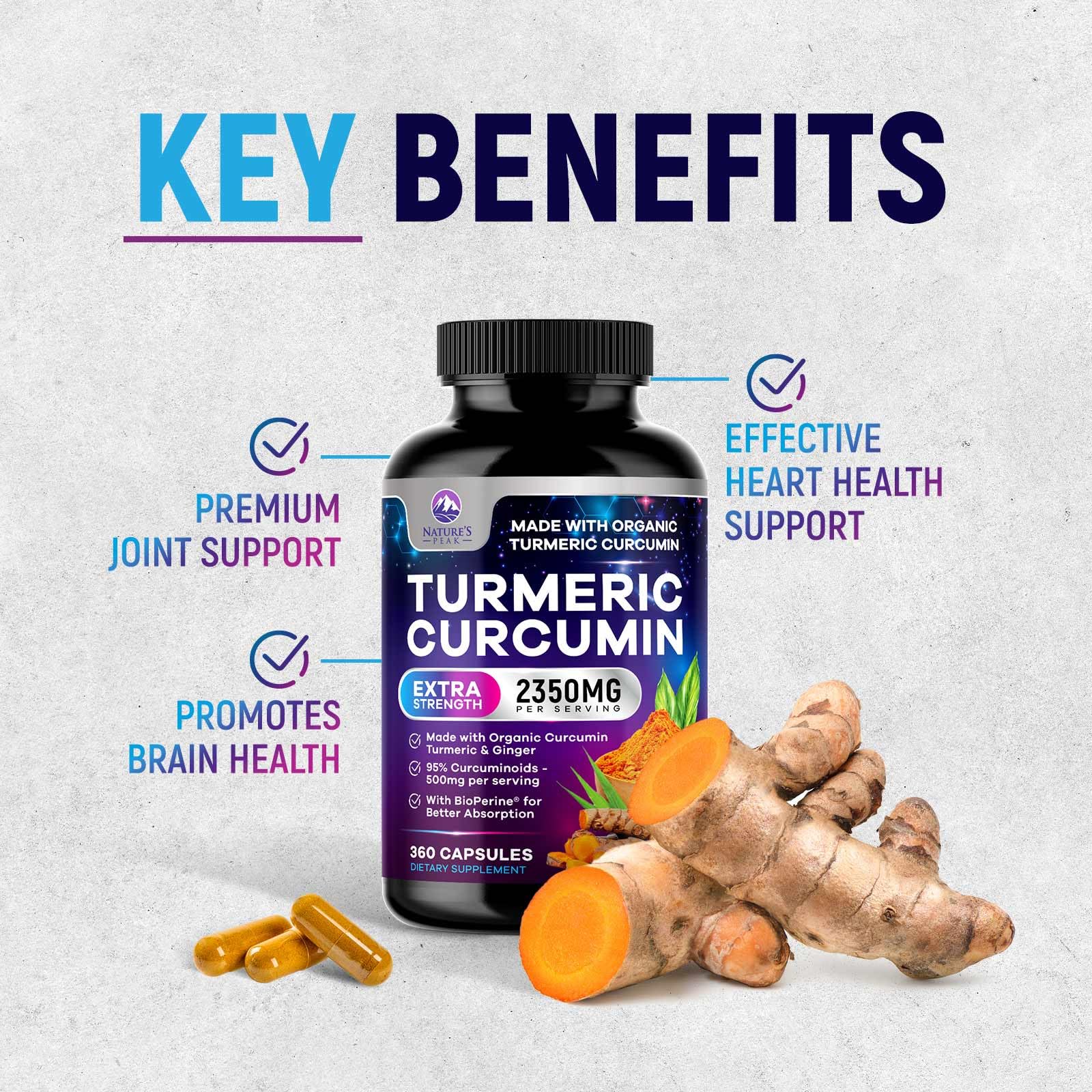 Nature's Peak turmeric-ginger capsules suggesting immune support potential in daily use.
