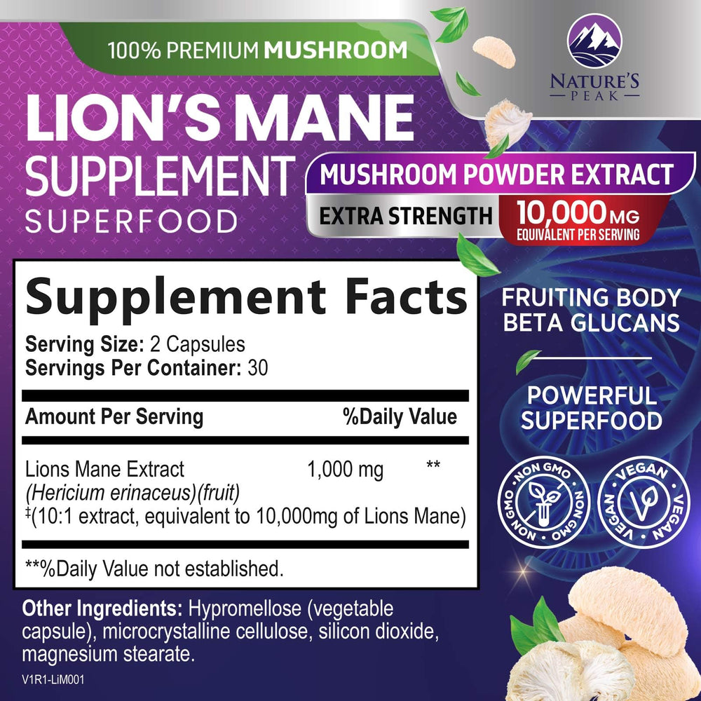 Nature's Peak Lions Mane capsules bottle closeup highlighting convenient daily dosage