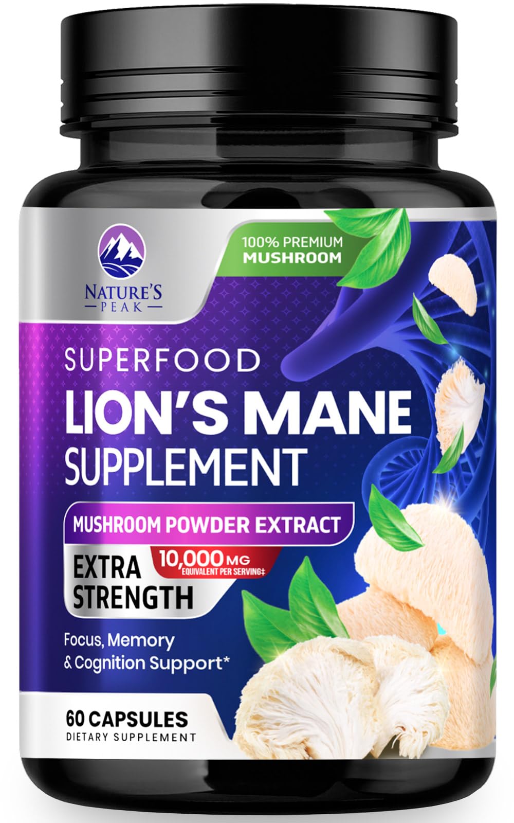 Nature's Peak Lions Mane capsules packaging showcases premium vegan formula for daily focus