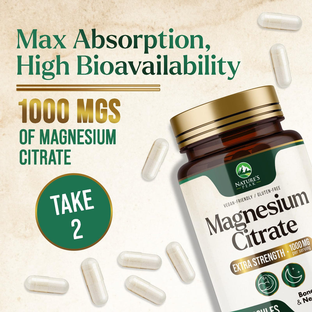 Nature's Peak Magnesium Citrate 1000mg bottle open for easy dispensing