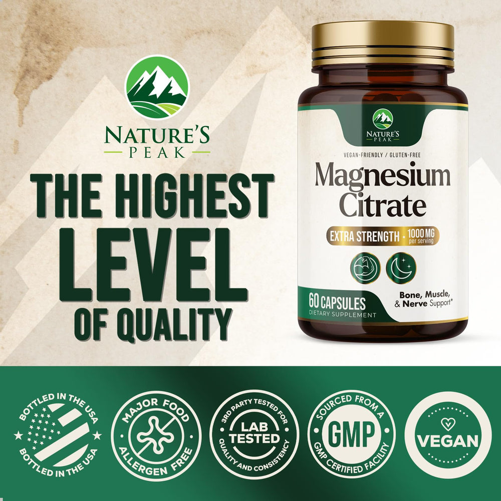Nature's Peak Magnesium Citrate 1000mg capsules close-up with clear mineral benefits