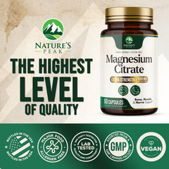 Nature's Peak Magnesium Citrate 1000mg capsules close-up with clear mineral benefits