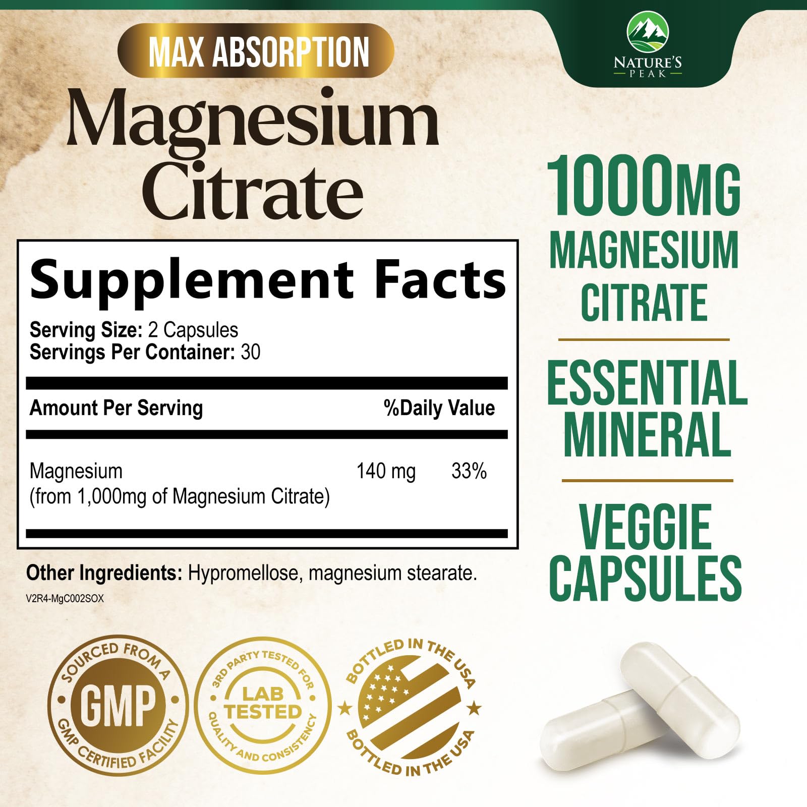 Nature's Peak Magnesium Citrate 1000mg capsules suitable for post-workout support
